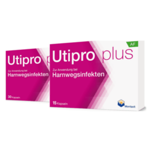 Zwei Verpackungen von Utipro plus Kapseln zur Anwendung bei Harnwegsinfekten, in lila und weißem Design.
