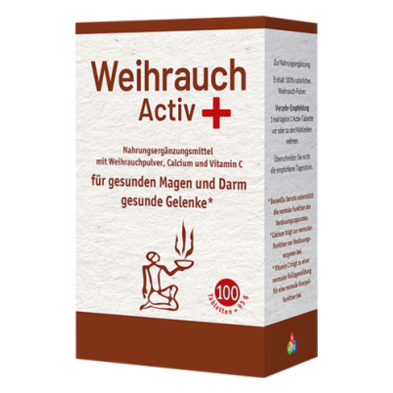 Verpackung eines Nahrungsergänzungsmittels mit Weihrauch, Calcium und Vitamin C für gesunde Gelenke und Magen-Darm-Funktion.