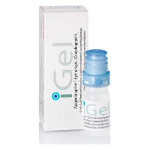 Augentropfen in einer transparenten Flasche mit blauer Verschlusskappe, verpackt in einer weißen Schachtel.