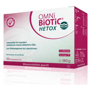 Verpackung von OMNi BiOTiC HETOX, einem diätetischen Lebensmittel für Leberzirrhose mit 30 Portionsbeuteln à 6 g.