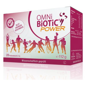 Packung OMNi BiOTiC POWER mit stilisierten Sportlern, blut-orangem Geschmack und 28 Portionsbeuteln.