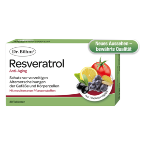 Verpackung von Dr. Böhm Resveratrol, enthält 30 Anti-Aging-Tabletten mit pflanzlichen Inhaltsstoffen und Früchten.