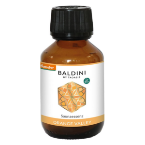 Braune Flasche mit schwarzem Deckel, etikettiert mit 'Baldini Saunadufte Orange Valley' und Demeter-Siegel.