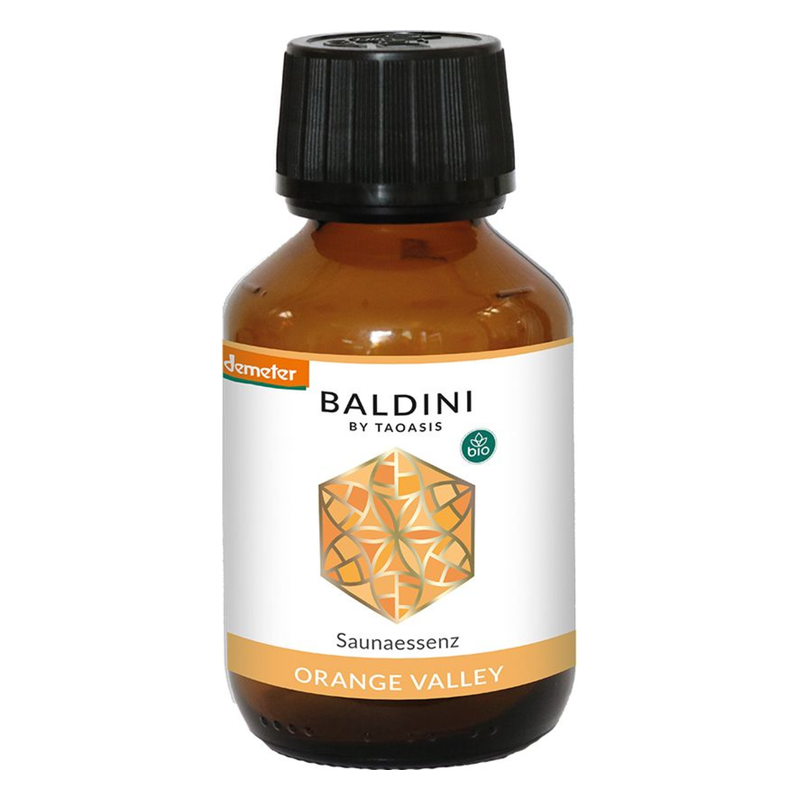 Braune Flasche mit schwarzem Deckel, etikettiert mit 'Baldini Saunadufte Orange Valley' und Demeter-Siegel.