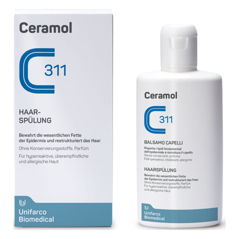 Verpackung von Ceramol C311 Haarspülung in Weiß und Blau, konservierungsstoff- und parfumfrei, für empfindliche Haut.