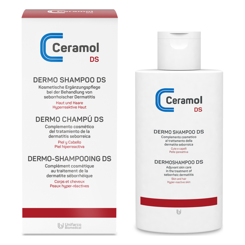 Verpackung und Flasche des Ceramol Dermo Shampoos zur Behandlung von seborrhoischer Dermatitis, mehrsprachige Beschriftung.