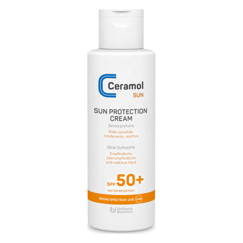 Sonnencreme in weißer Flasche mit Schraubverschluss, SPF 50+, für empfindliche Haut, duftstofffrei.