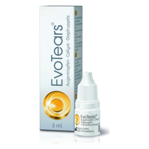 EvoTears Augentropfen in einer weißen Verpackung mit gelben Symbol und Dosierflasche, 3 ml.