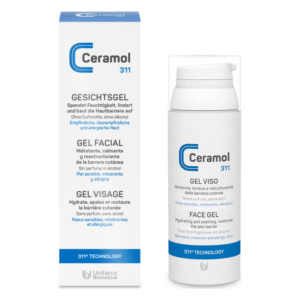 Gesichtsgel in einer weißen Verpackung mit blauen Akzenten, betont feuchtigkeitsspendende und beruhigende Eigenschaften.