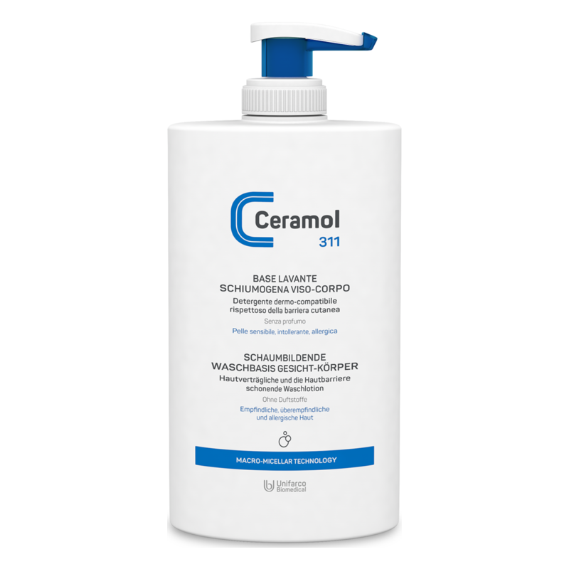 Weiße Flasche mit Spender, enthält ein pH-neutrales Duschgel für empfindliche Haut ohne Duftstoffe.