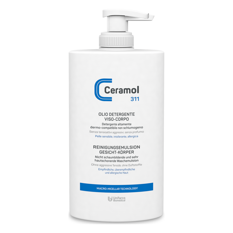 Weiße Flasche mit Pumpspender, enthält milde Reinigungsemulsion für Gesicht und Körper, verpackt in dermatologisch getesteter Formel.