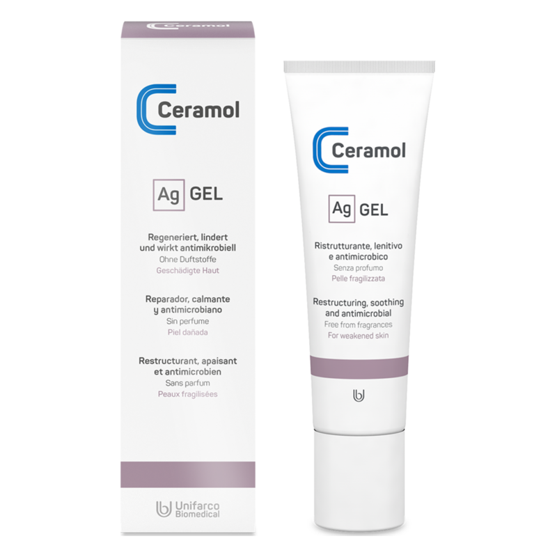Tube und Verpackung des Ceramol Ag GEL, ein regenerierendes und antimirkrobielles Gel für geschädigte Haut.