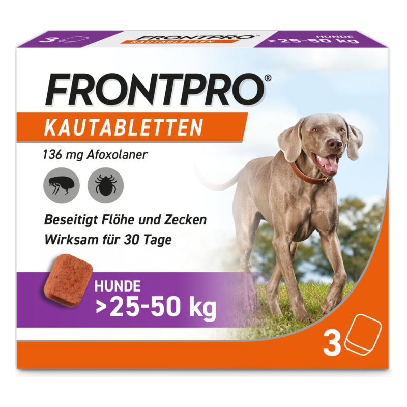 Verpackung von FRONTPRO Kautabletten für Hunde gegen Flöhe und Zecken, enthält Afoxolaner.