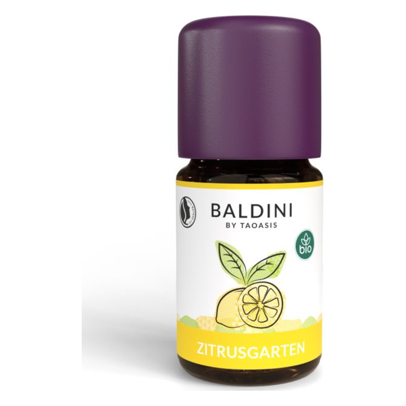Braunes Fläschchen mit lila Kappe, beschriftet mit "ZITRUSGARTEN" und Bio-Siegel von BALDINI.