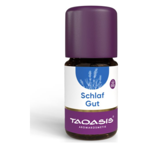 Braune Flasche mit lila Deckel, beschriftet mit 'Schlaf Gut' und Markenlogo, enthält Bio-Aromastoffe.