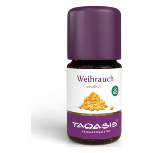 Braune Glasflasche mit lila Kappe, etikettiert mit 'Weihrauch somalisch' und Bio-Siegel.