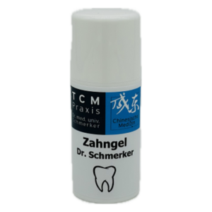 Weißer Flakon mit Zahngel von Dr. Schmerker, etikettiert mit TCM Praxis und einem Zahn-Symbol.