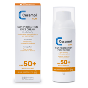 Sonnencreme für das Gesicht im Spender mit Schutzfaktor 50+, hypoallergen, ohne Duftstoffe, wasserfest.