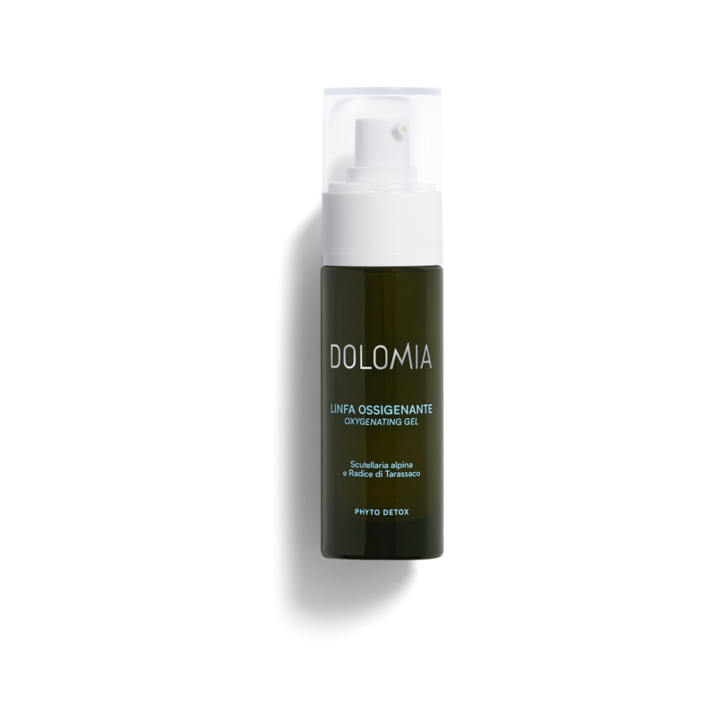 Dunkelgrüne Flasche mit Pumpspender, enthält Oxygenating Gel von Dolomia, beschriftet mit wichtigen Inhaltsstoffen.