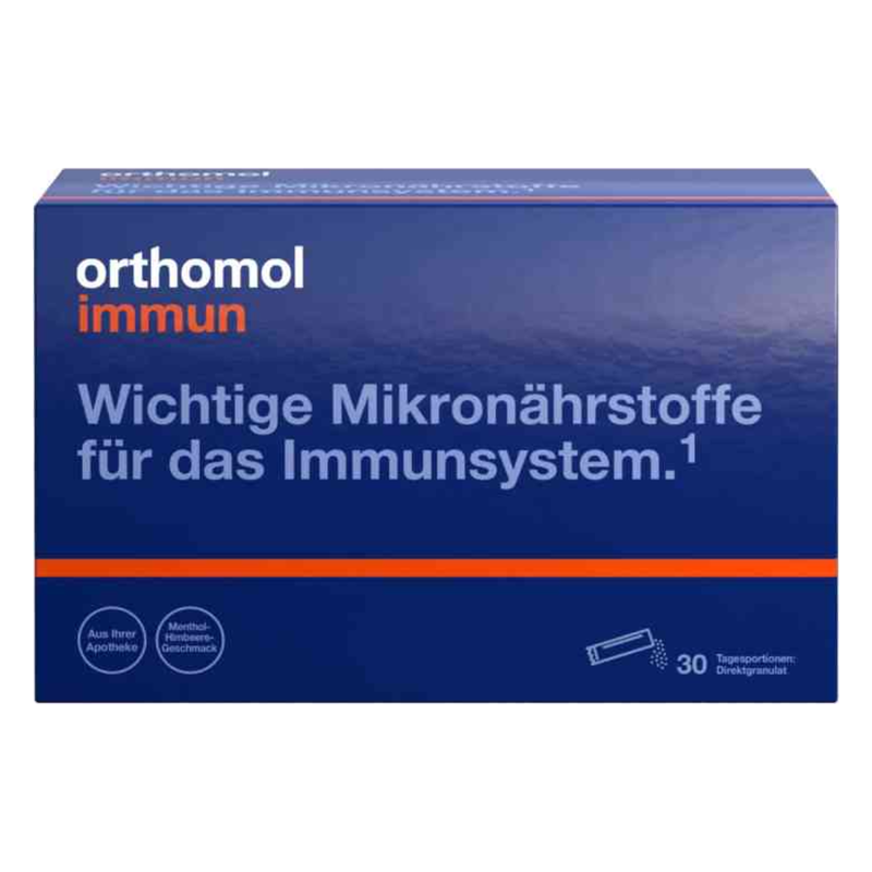 Verpackung des Produkts Orthomol Immun, das wichtige Mikronährstoffe für das Immunsystem enthält.