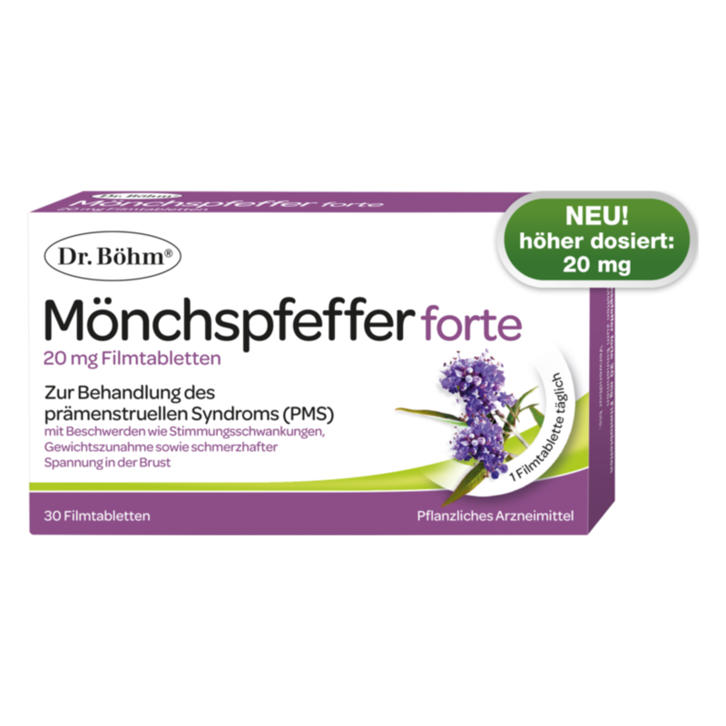 Packung mit Mönchspfeffer forte 20 mg Filmtabletten zur Behandlung von PMS-Symptomen, mit violetten Blüten auf der Vorderseite.