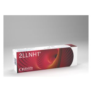 Verpackung für 2LLNH1®, ein Produkt von labolife, mit einem spiralförmigen Design in roten und schwarzen Farbtönen.