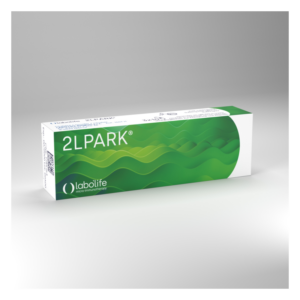 Verpackung des Produkts 2LPARK® mit geschwungenem, grünem Design und dem Logo von labolife.
