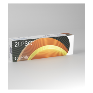 Verpackung des Produkts 2LPSO mit buntem Design in Orange, Gelb und Schwarz, beschriftet mit Produktinformationen.