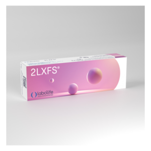 Verpackung von 2LXFS, rosa-weiße Schachtel mit runden, schwebenden Kugeln und labolife-Logo.