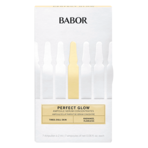 Verpackung mit sieben Ampullen für ein Hautserum, das strahlende, makellose Haut verspricht. Schönes, schlichtes Design von BABOR.