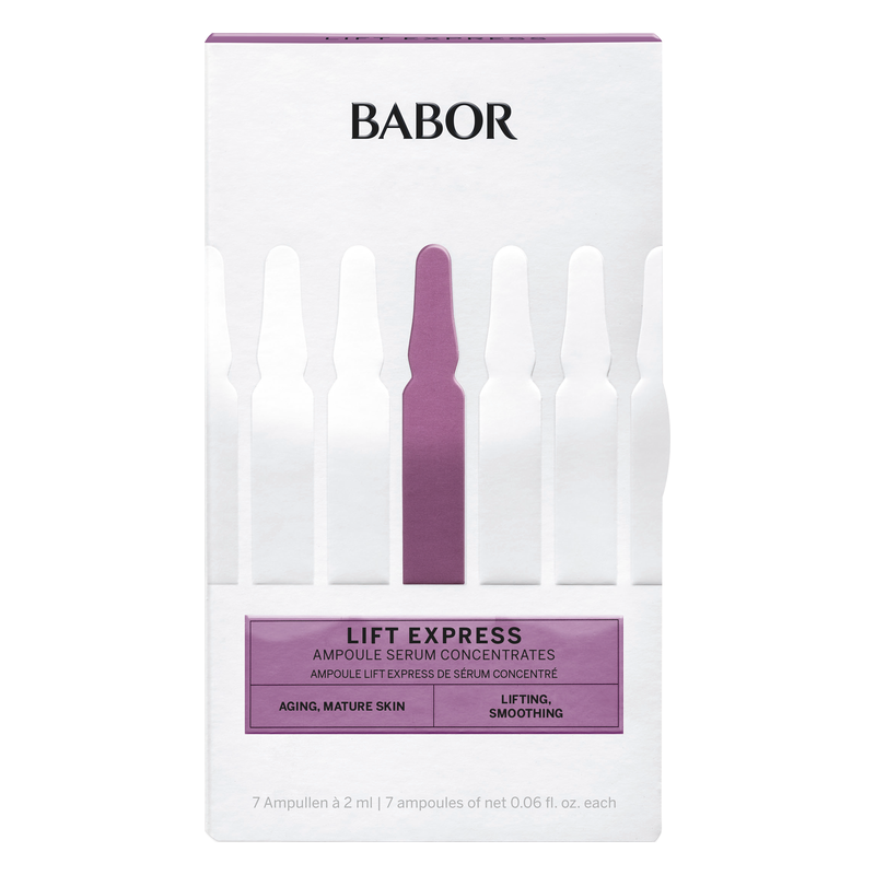 Verpackung mit Reihen von Ampullen für ein Serum von BABOR, fokussiert auf Lifting und glättende Eigenschaften.
