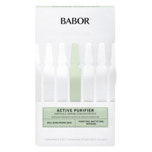 Verpackung mit sieben Ampullen für ein reinigendes Serum von BABOR, geeignet für ölige, akneanfällige Haut.