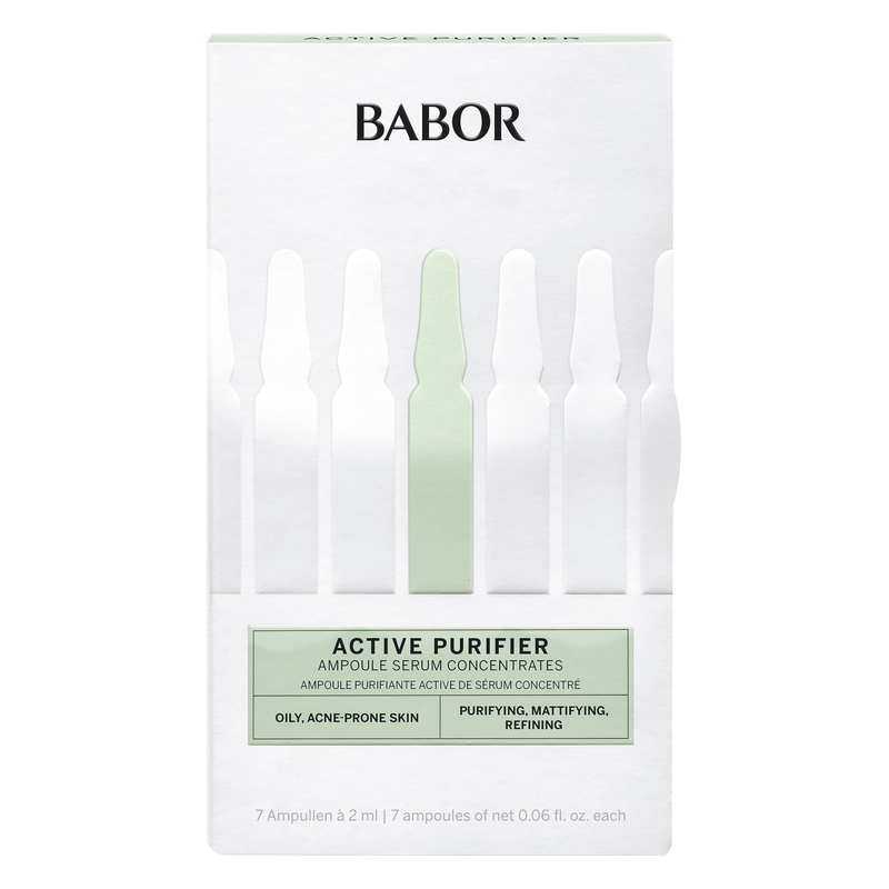 Verpackung mit sieben Ampullen für ein reinigendes Serum von BABOR, geeignet für ölige, akneanfällige Haut.