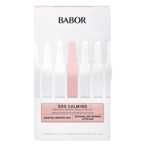 Verpackung mit sieben Ampullen des Babor SOS Calming Serums für empfindliche, gereizte Haut, beruhigend und ideal nach Sonnenexposition.