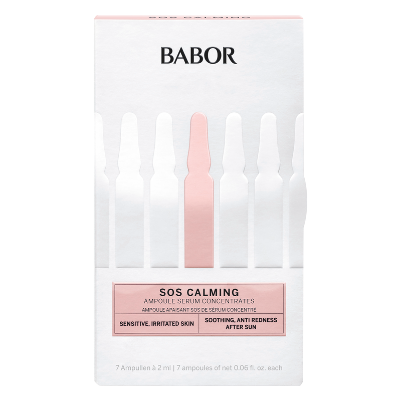 Verpackung mit sieben Ampullen des Babor SOS Calming Serums für empfindliche, gereizte Haut, beruhigend und ideal nach Sonnenexposition.