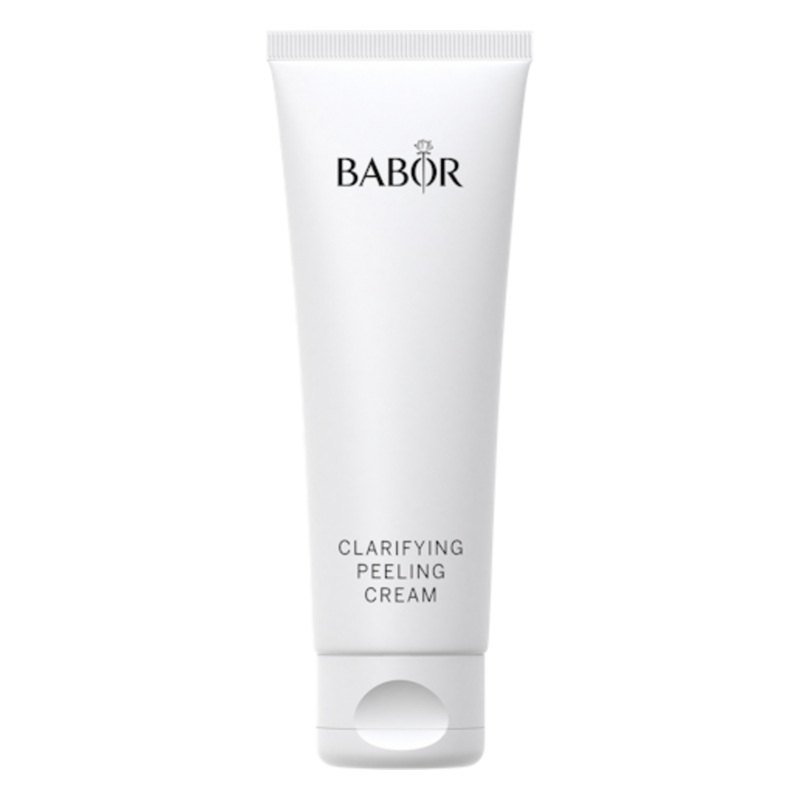 Weiße Tube mit Klappverschluss, beschriftet mit 'BABOR Clarifying Peeling Cream' in grauer Schrift.