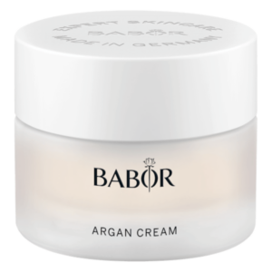 Tiegel mit Argancreme von BABOR, Kunststoffbehälter mit Weißem Deckel und transparentem Unterteil