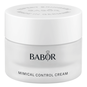 Weißes Cremetiegel mit grauem Deckel, beschriftet mit "BABOR MIMICAL CONTROL CREAM" und "MADE IN GERMANY".