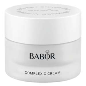 Weißes Tiegel mit aufgedrucktem Logo und Schriftzug "Babor Complex C Cream", leicht transparentes Design.