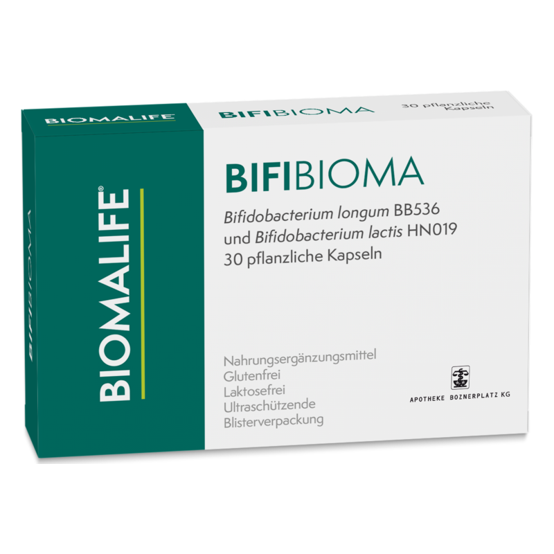 Verpackung des Nahrungsergänzungsmittels BIFIBIOMA mit 30 pflanzlichen Kapseln in einer blauen und weißen Blisterverpackung.