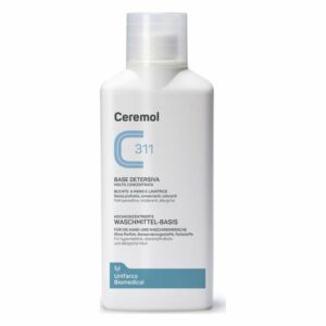 Weißer Flasche mit blauer Beschriftung, enthält hochkonzentrierte Waschmittelbasis ohne Duftstoffe und Allergene.