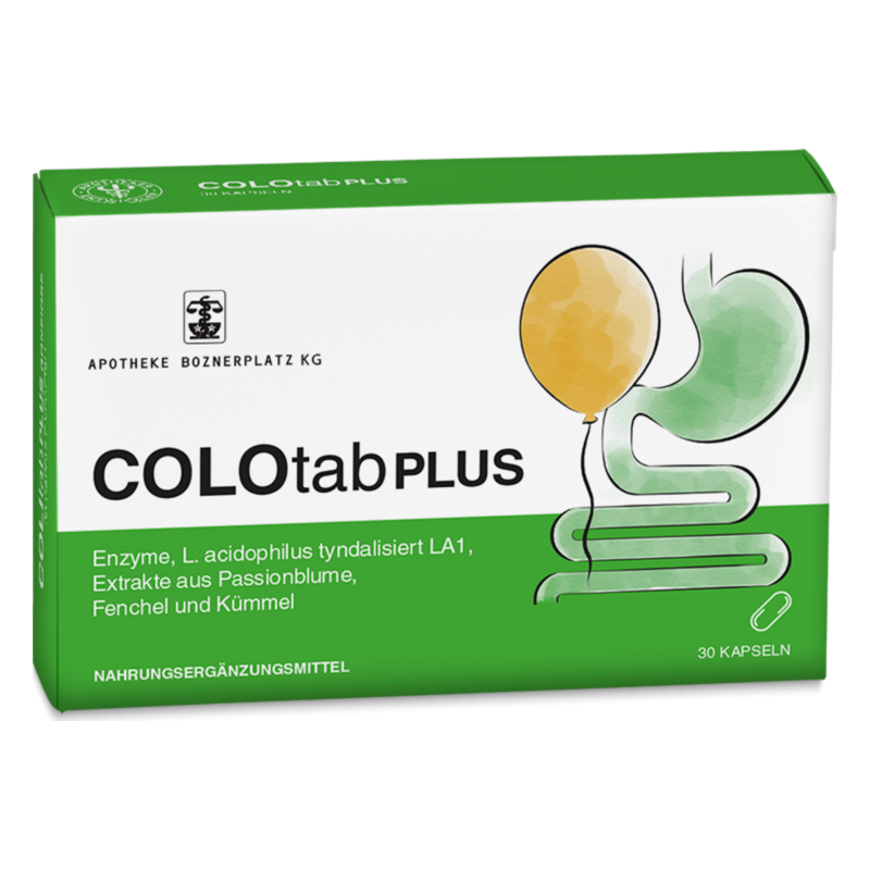 Verpackung von COLOtabPLUS mit grüner Umverpackung und Illustrationen von Enzymen und einer gelben Ballonfigur.