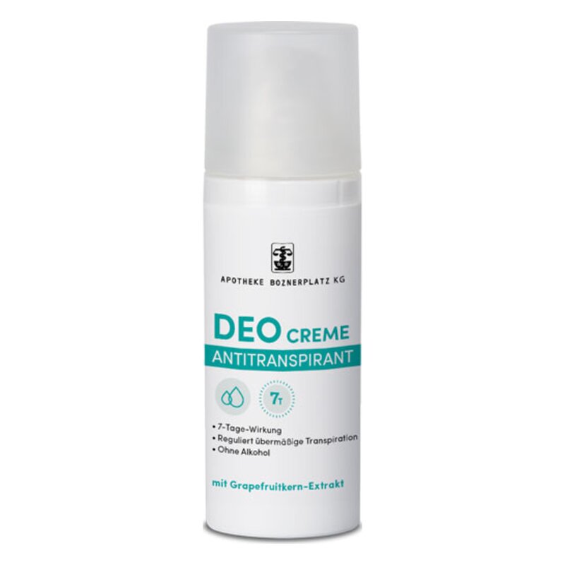 Antitranspirant-Deocreme in weißer Verpackung mit silbernem Deckel, verpackt in einem kompakten Flakon.