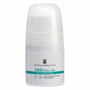 Ein weißer Deo Roll-On mit transparentem Deckel, gekennzeichnet mit "D EO ROLL-ON ANITRANSPIRANT" und "48-Stunden-Wirkung, ohne Alkohol".