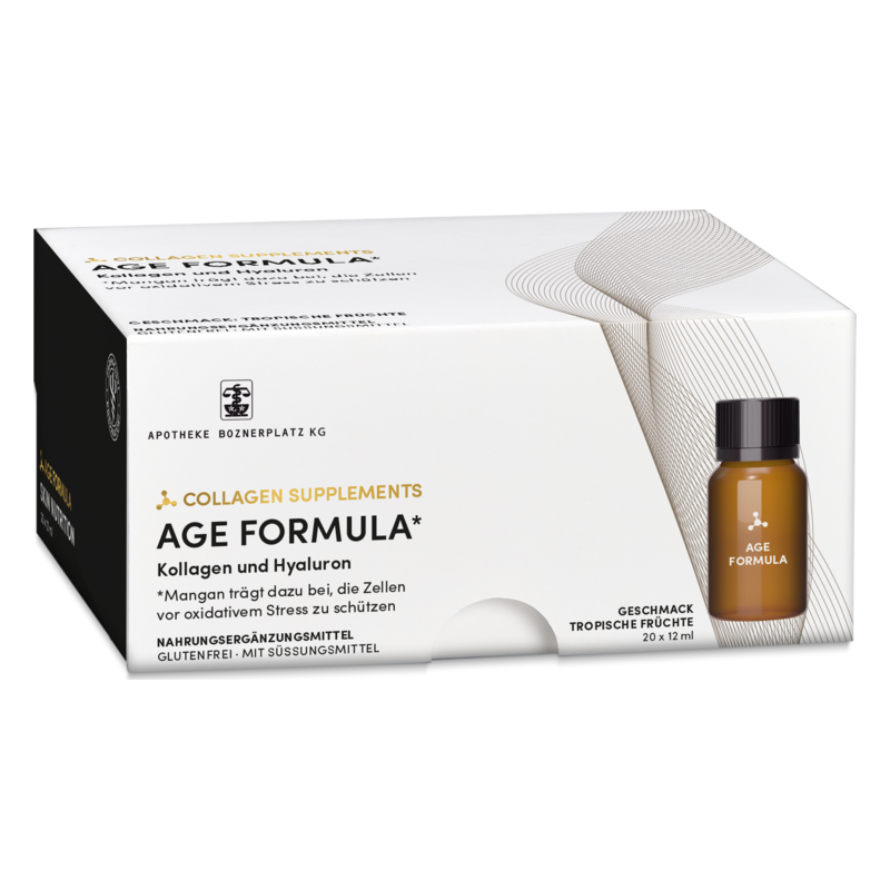 Verpackung von AGE FORMULA Collagen Supplements mit Fläschchen, Geschmack tropische Früchte, enthält Kollagen und Hyaluron.