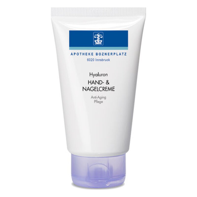 Weiße Tube mit lila Deckel, beschriftet mit "Hyaluron HAND- & NAGELCREME", Anti-Aging Pflege.