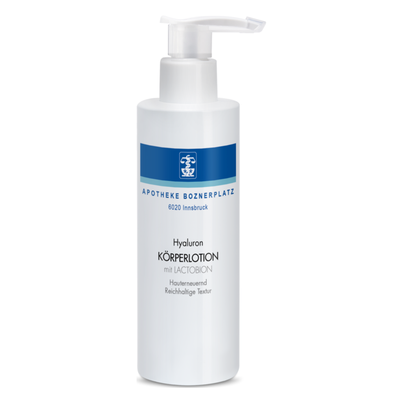 Weißer Spender mit Pumpmechanismus für Hyaluron Körperlotion, betont hauterneuernde Eigenschaften und reichhaltige Textur.