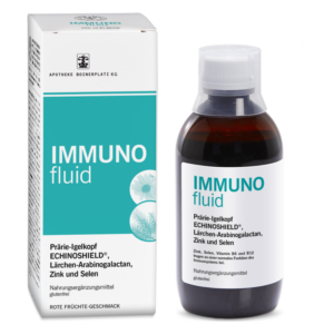 Flasche und Verpackung des Nahrungsergänzungsmittels IMMUNO fluid mit Echinacea und Zink, roter Fruchtgeschmack.