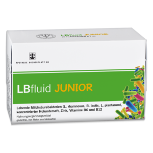 Verpackung des Nahrungsergänzungsmittels LBfluid JUNIOR mit lebenden Milchsäurebakterien und Vitaminen.