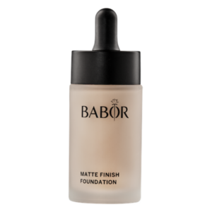 Fläschchen mit leichter, matter Foundation von BABOR, mit schwarzem Pipettenverschluss.
